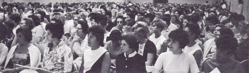 More than 1,000 Seattle-area nurses listen as their 1967-69 contract is discussed at a mass meeting in the San Juan Rooms of the Seattle Center (1967).