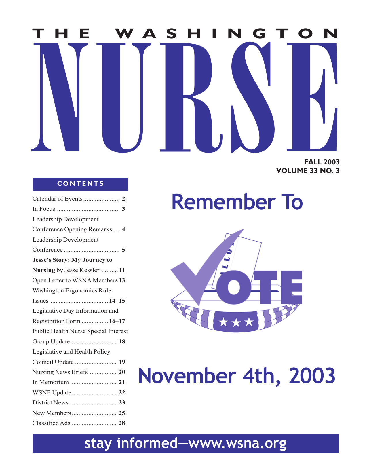 Cover of The Washington Nurse, Fall 2003